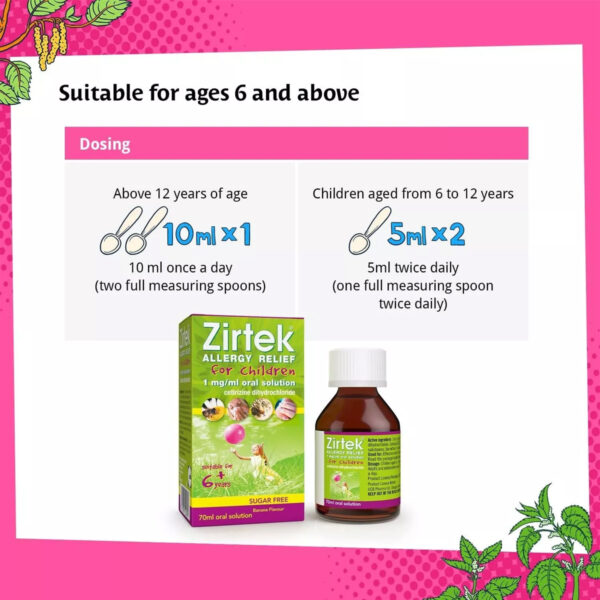 Zirtek Allergy Relief for Children 1mg ml oral solution Banana Flavour 70ml